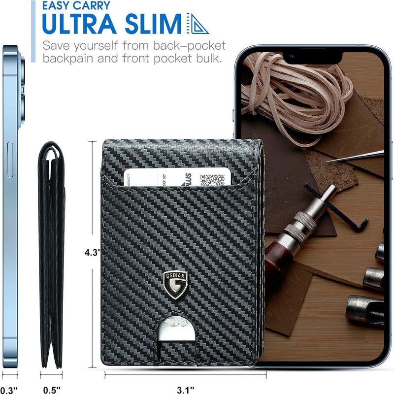 GSOIAX Slim Wallet for Men RFID Blocking Bifold Wallet Carbon Fiber Front Pocket Wallet with 11 Card Holder Minimalist Mens Wallet with Gift Box(Carbon Black-) - Image 3